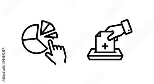 Set of black and white business icons for resource allocation and assignment concepts featuring a hand pointing to a pie chart and a ballot box submission resource allocation assignment management