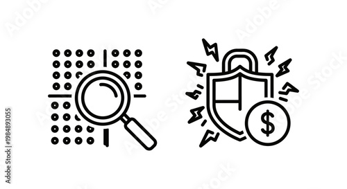 Pattern recognition and fraud pattern detection icons with magnifying glass shield and currency symbol for cyber security recognition detection analysis security magnifying lightning protection