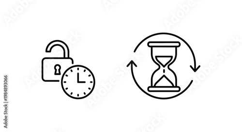 Verification pending and verification wait icons showing padlock clock and hourglass symbols for security status with verification security hourglass processing authentication technology