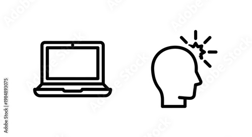 Laptop and human head with stress marks icon representing digital burnout and computer related headache computer migraine technology business pressure overload frustration isolated