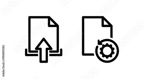 File upload and file process line icons depicting document submission and data processing workflow with document management workflow progress minimalist illustration interface software