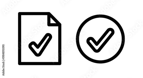 Document success checkmark and verified approval circle icons representing completion and validation with document approval verified complete validation agreement positive minimalist business