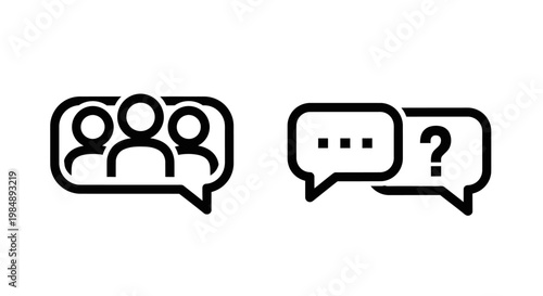 Set of black and white linear icons representing team communication collaboration customer support and frequently asked questions in speech bubbles with communication question information feedback