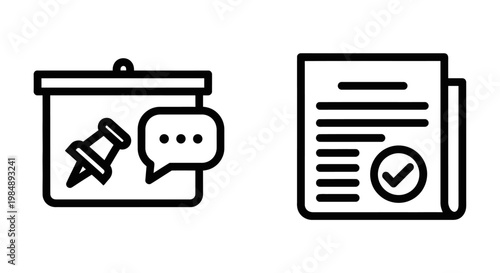 Administrative icons representing a bulletin board with pushpin and speech bubble alongside a verified document with a checkmark symbol bulletin document verified approved business communication