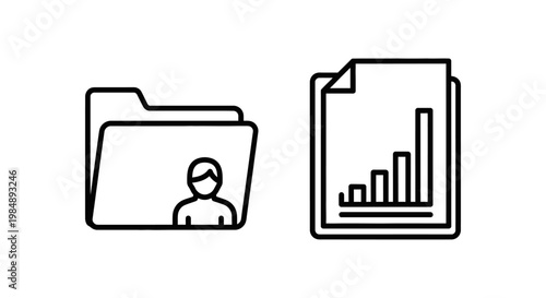 Business administrative icons for filing status and filing overview featuring a person folder and a document with growth bar chart overview document business management administration accounting