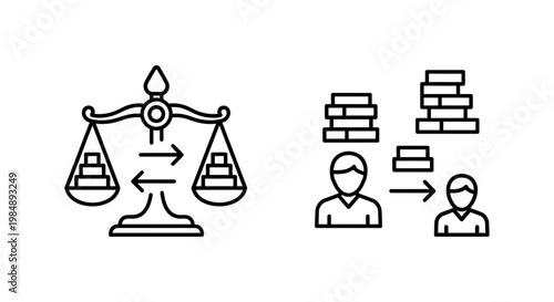 Business task redistribution and workload balancing icons showing workflow management and employee resource allocation with redistribution business management workflow delegation resource