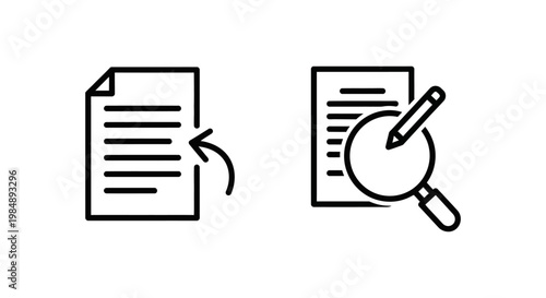 Amendment request document icon and amend request magnifying glass with pencil symbols for file editing and review amendment document magnifying revision contract agreement application