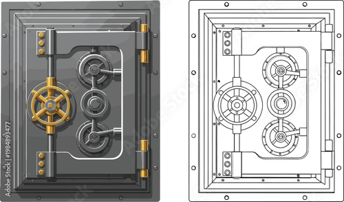 Open metal safe with intricate locking mechanism detailed illustration and blueprint for security concept isolated on white background