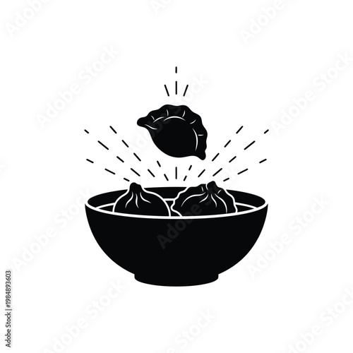 Black and white illustration of dumplings in a bowl with one jumping up high