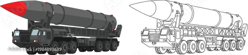 Mobile ballistic missile launcher strategic weapon system with a red-tipped warhead on a multi-wheeled truck vector illustration and line art