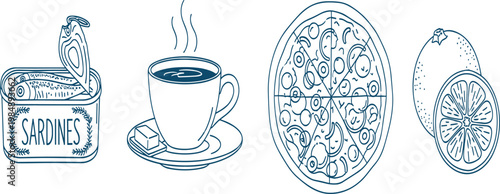Hand drawn food set with sardines can coffee cup pizza and lemon outline vector illustration