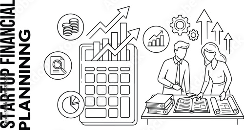startup financial planning concept with people working on documents and calculator