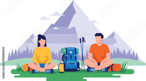 Couple Hiking and Resting in Mountainous Landscape with Backpack and Outdoor Gear