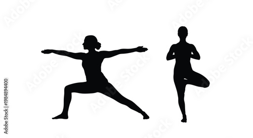 Two women in yoga poses a striking silhouette on transparent background