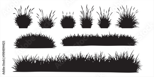 Photos Assortment of black grass tufts and clumps in silhouette isolated on a white bac