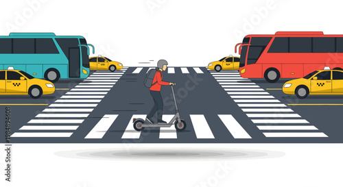 Person riding electric scooter on city street crossing