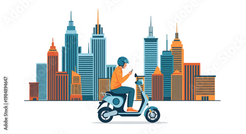 City scooter rider in front of urban skyline illustration