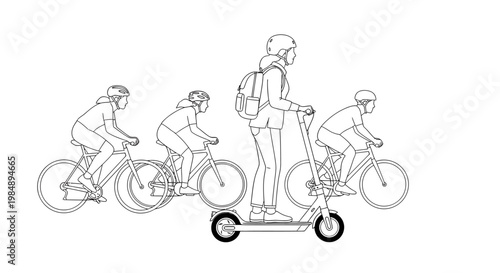 Continuous line drawing of cyclist and scooter rider in various positions