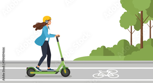 Woman riding electric scooter on bike lane in park