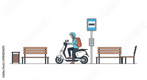 delivery rider on scooter at bus stop with benches