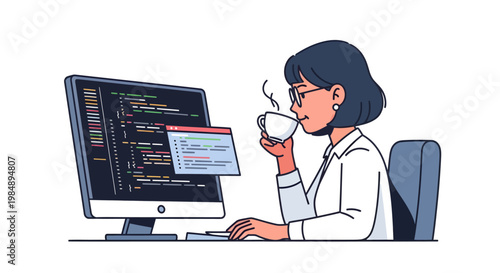 programmer woman drinking coffee while coding on computer