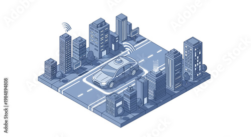 Isometric Illustration of Autonomous Self-Driving Car Navigating Smart City with Wireless Connectivity