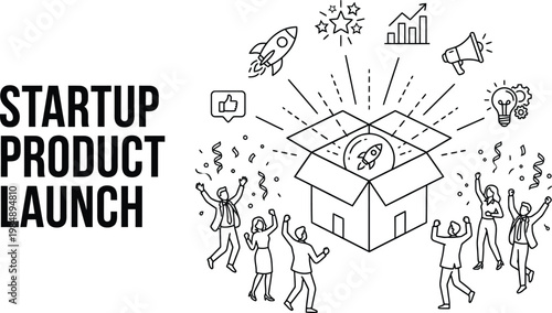 Startup product launch with people celebrating around a box with a rocket