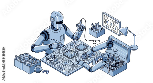 Robotics Engineering Concept: AI Robots Assembling and Repairing Electronic Circuit Board with Precision Tools in Isometric Line Art Style