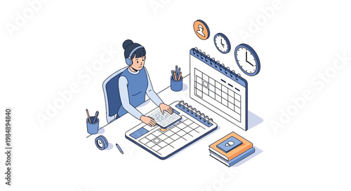Isometric Illustration of Woman Managing Schedule and Tasks with Calendars and Clocks for Time Management and Productivity