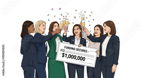 Businesswomen celebrating funding success with champagne
