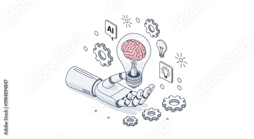 Isometric Illustration of a Robotic Hand Holding a Lightbulb with a Human Brain, AI and Machine Learning Concept