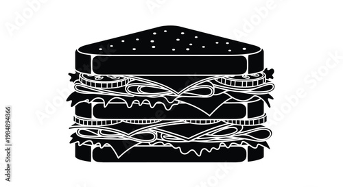 Detailed illustration of a large double decker hamburger with toppings and sesame seed bun