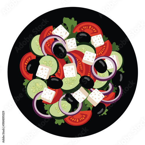 Healthy and Fresh Greek Salad with Feta Cheese and Olives served in a Round Plate