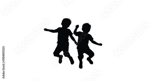 Two joyful children jumping and playing a dark silhouette on transparent background