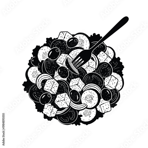 Illustration of a healthy fresh salad with feta cheese olives and tomatoes on a fork isolated on transparent background