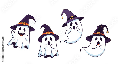 Collection of cute cartoon ghosts wearing purple witch hats with different faces and one starry hat for Halloween theme designs.
