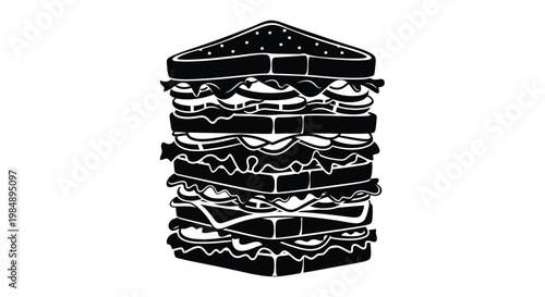 Large stack of burgers with buns and toppings illustration