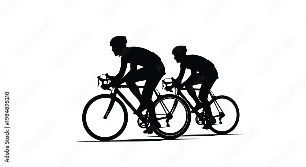Fototapeta premium Two cyclists riding road bikes dynamic pose on transparent background silhouette