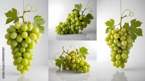Three arrangements of fresh green grapes on a reflective white surface