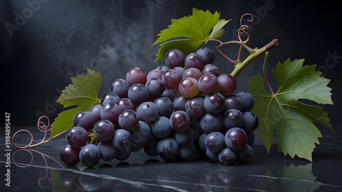 Dark and moody still life a cluster of ripe black grapes on marble