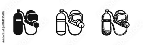 Firefighter breathing mask and air tank icon set in three styles