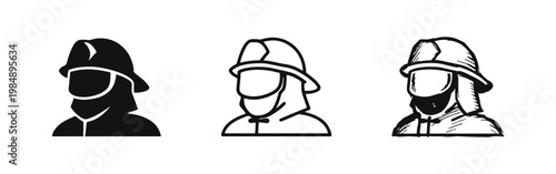 Professional firefighter icon set featuring protective helmet in three styles
