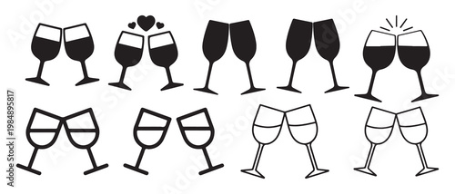 Elegant wine glass silhouettes clinking for wedding and romantic dinner. vector illustration eps 10.