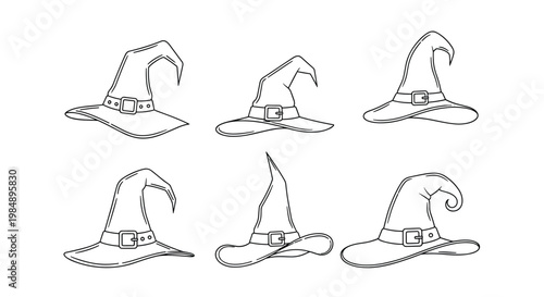 Collection of six various witch and wizard hat designs in black and white line art for Halloween coloring books and crafts.