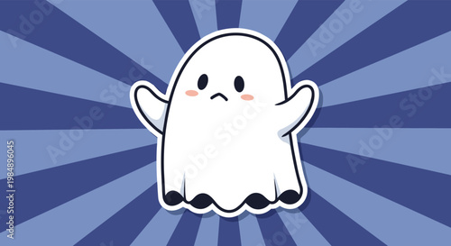 Adorable cartoon ghost with a sad expression and blushing pink cheeks on a blue sunburst background for cute spooky themes.