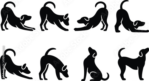 Variety of dog silhouettes showing different poses and actions with black