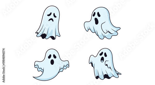 Collection of four light blue cartoon ghosts with various emotional expressions like sadness, surprise, and fear for Halloween themes.