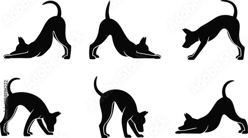 Six dog silhouettes in various poses and positions with black and white