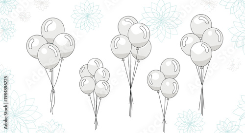 Elegant collection of six light grey balloon bunches set against a decorative background of soft blue floral patterns.