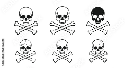 Set of six various skull and crossbones designs in black and white line art for pirate, medical, and Halloween themed illustrations.